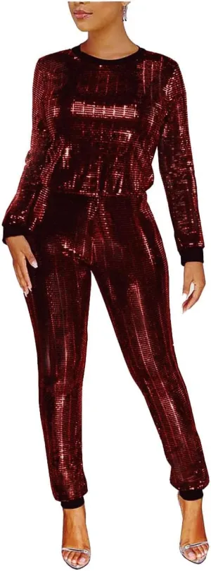 WOKANSE Women's Sequin Glitter Long Sleeve Sweatshirts and Skinny Long Pants Two Piece Outfits