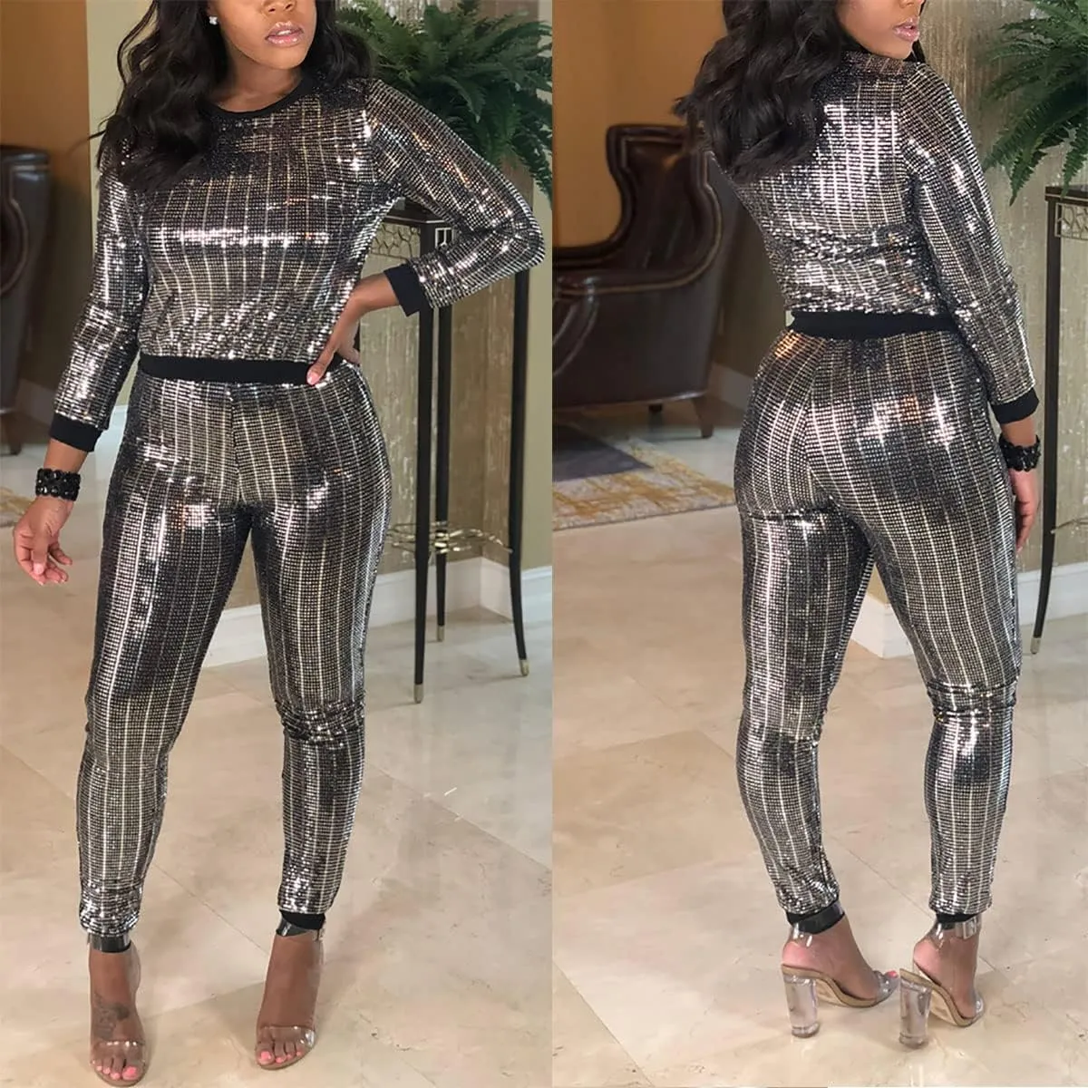 WOKANSE Women's Sequin Glitter Long Sleeve Sweatshirts and Skinny Long Pants Two Piece Outfits