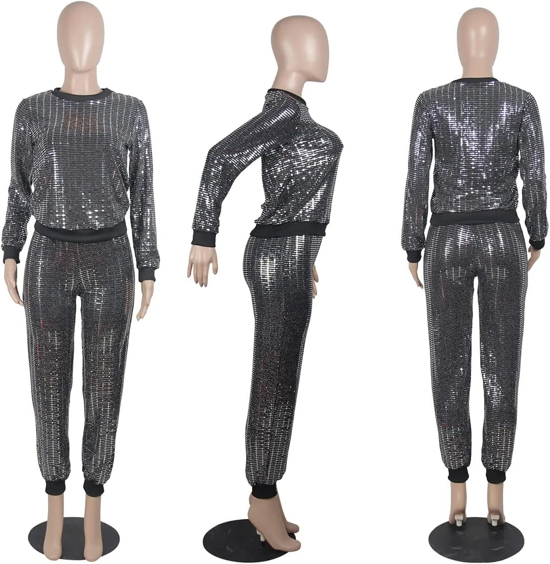 WOKANSE Women's Sequin Glitter Long Sleeve Sweatshirts and Skinny Long Pants Two Piece Outfits