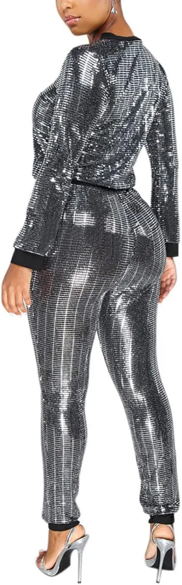 WOKANSE Women's Sequin Glitter Long Sleeve Sweatshirts and Skinny Long Pants Two Piece Outfits