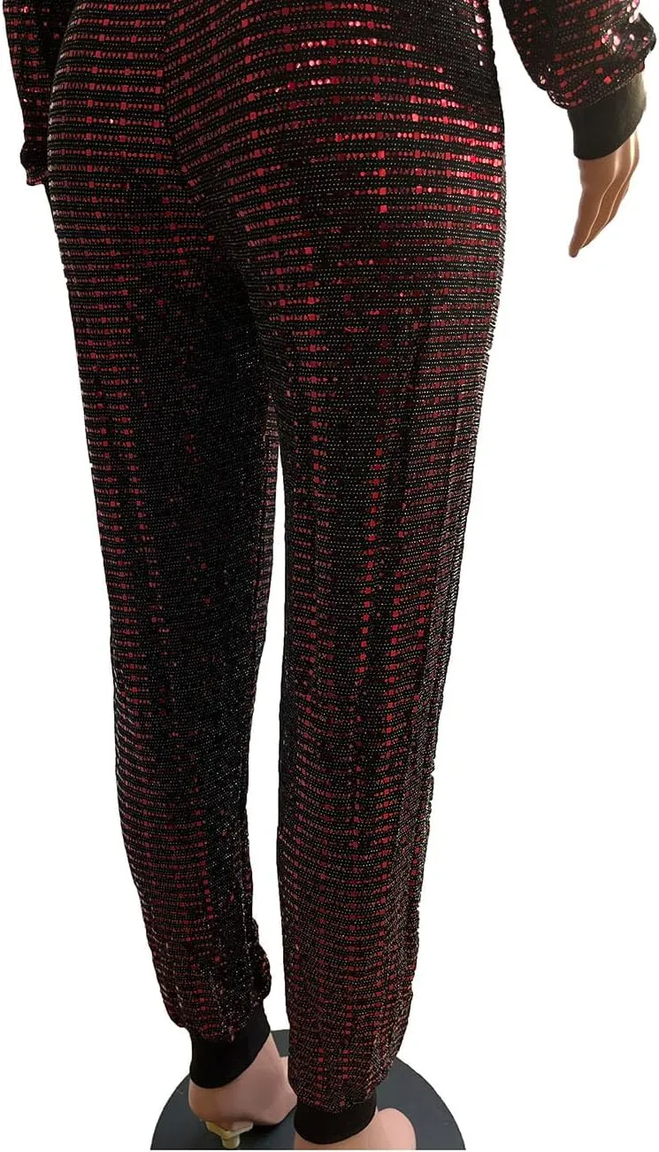 WOKANSE Women's Sequin Glitter Long Sleeve Sweatshirts and Skinny Long Pants Two Piece Outfits