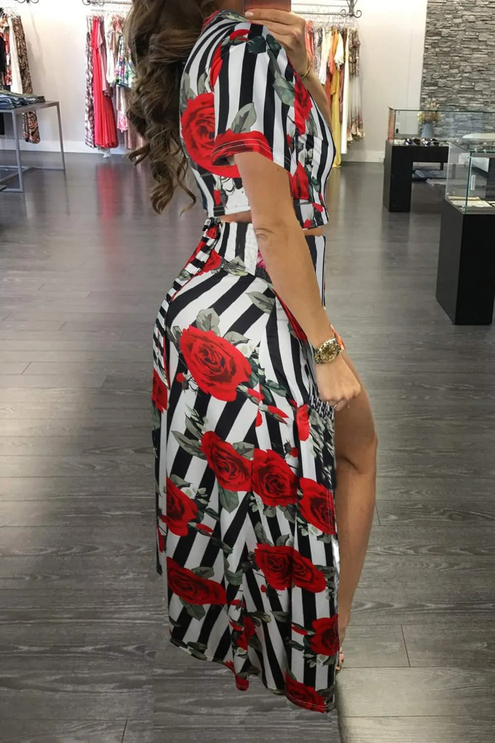 WOKANSE Women's Sexy 2 Piece Outfits Summer Beach Boho Floral Dress V Neck Crop Tops and High Split Maxi Skirt Sets