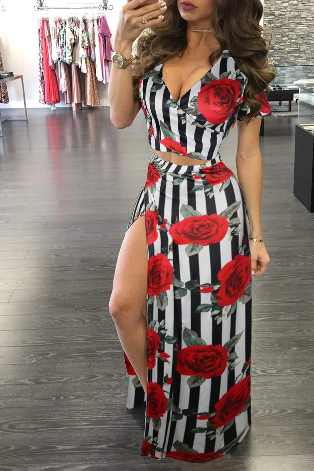 WOKANSE Women's Sexy 2 Piece Outfits Summer Beach Boho Floral Dress V Neck Crop Tops and High Split Maxi Skirt Sets