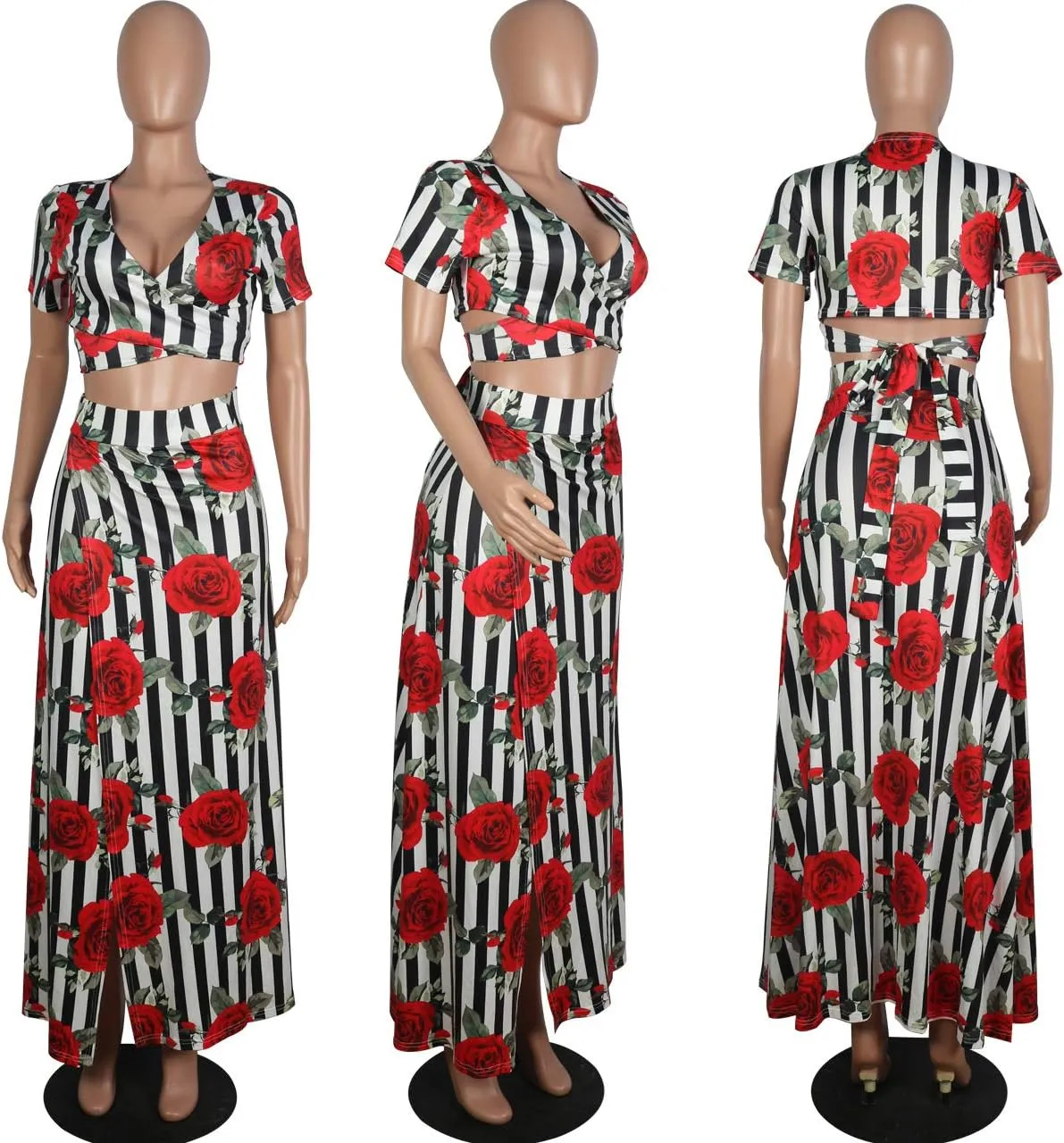 WOKANSE Women's Sexy 2 Piece Outfits Summer Beach Boho Floral Dress V Neck Crop Tops and High Split Maxi Skirt Sets