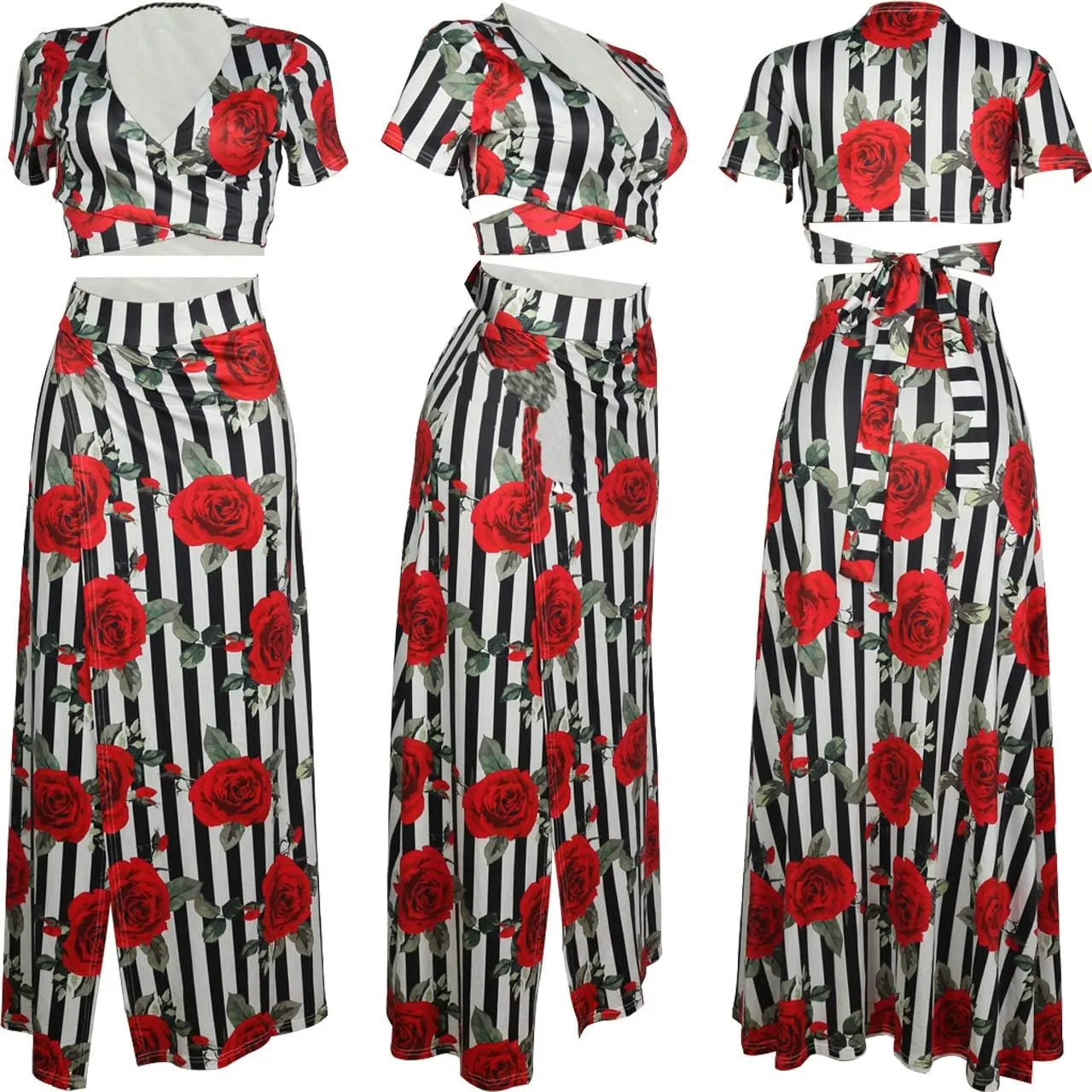 WOKANSE Women's Sexy 2 Piece Outfits Summer Beach Boho Floral Dress V Neck Crop Tops and High Split Maxi Skirt Sets