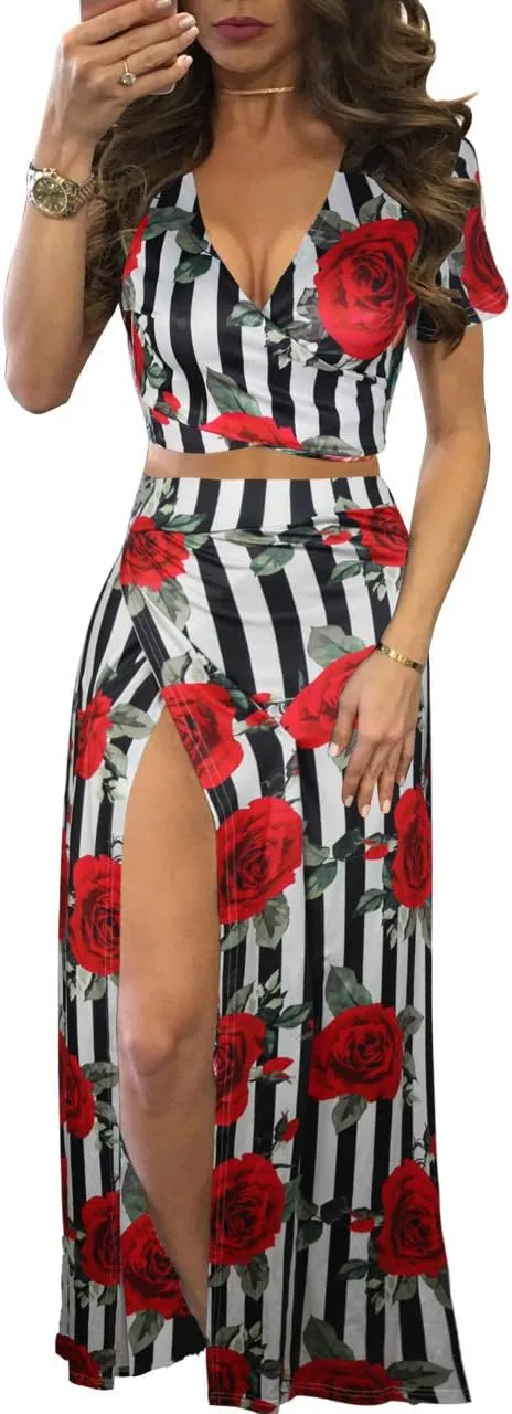 WOKANSE Women's Sexy 2 Piece Outfits Summer Beach Boho Floral Dress V Neck Crop Tops and High Split Maxi Skirt Sets