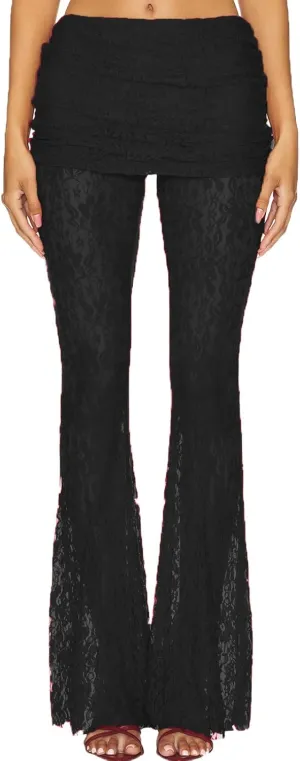 Woman Sexy See Through Lace Pants High Waist Flare Leg Trouser Solid Flower Lace Bell Bottoms Pants Streetwear