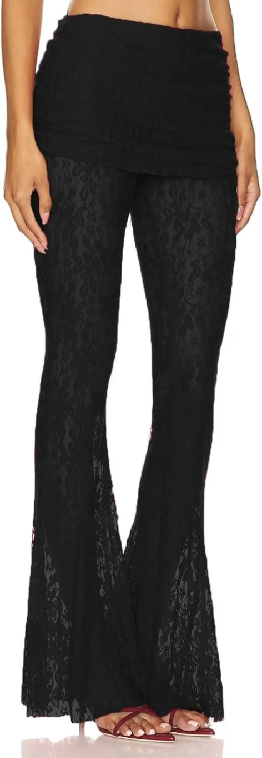 Woman Sexy See Through Lace Pants High Waist Flare Leg Trouser Solid Flower Lace Bell Bottoms Pants Streetwear