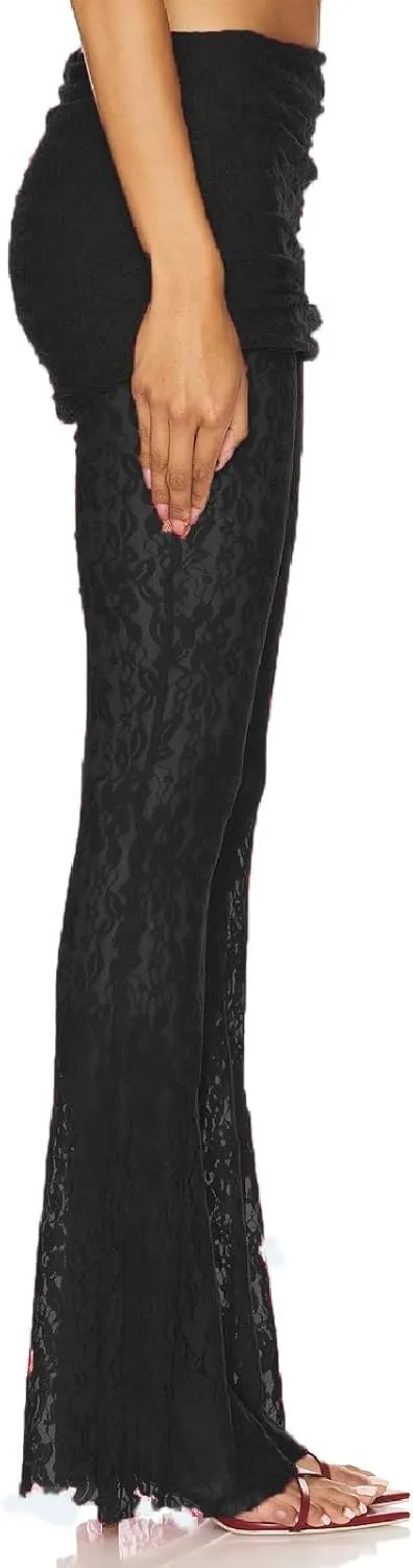 Woman Sexy See Through Lace Pants High Waist Flare Leg Trouser Solid Flower Lace Bell Bottoms Pants Streetwear