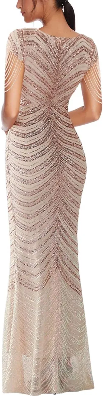 Women 1920s Plus Size Formal Dress Tassels Sleeve Sequins Gatsby Maxi Evening Gown