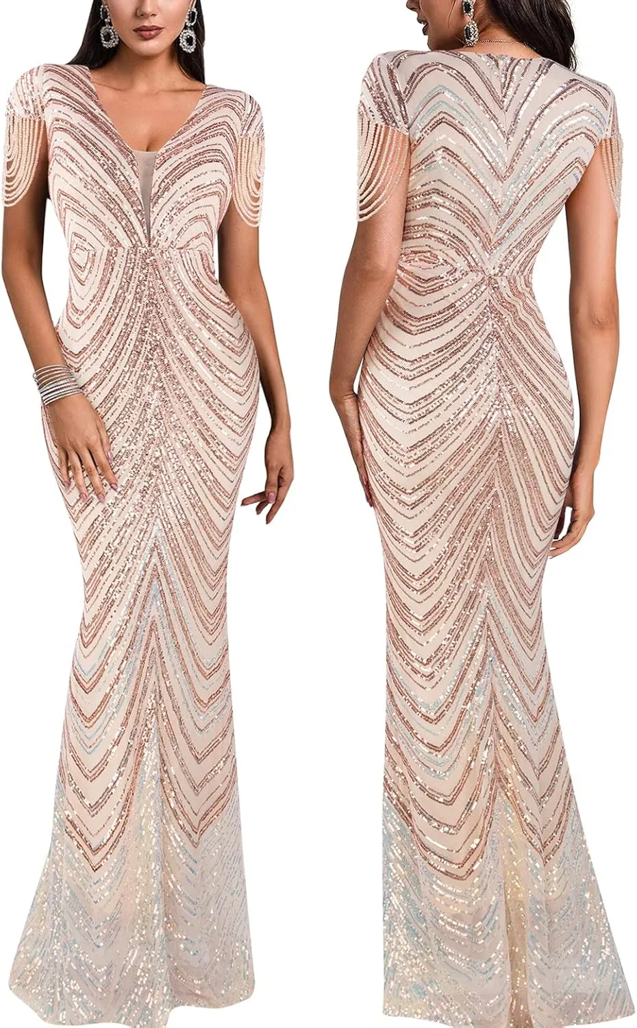 Women 1920s Plus Size Formal Dress Tassels Sleeve Sequins Gatsby Maxi Evening Gown