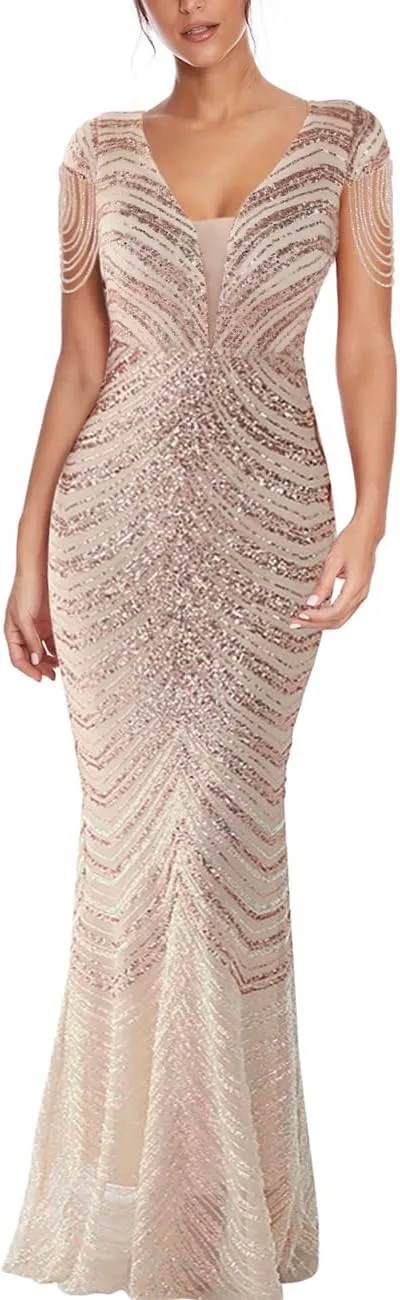 Women 1920s Plus Size Formal Dress Tassels Sleeve Sequins Gatsby Maxi Evening Gown