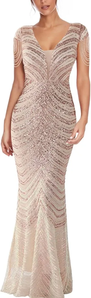 Women 1920s Plus Size Formal Dress Tassels Sleeve Sequins Gatsby Maxi Evening Gown