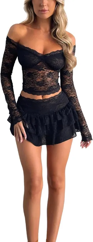Women 2 Piece Bodycon Mini Skirt Set Long Sleeve Tie Up Floral Lace Corset Crop Top Wrapped Mini Skirt Set