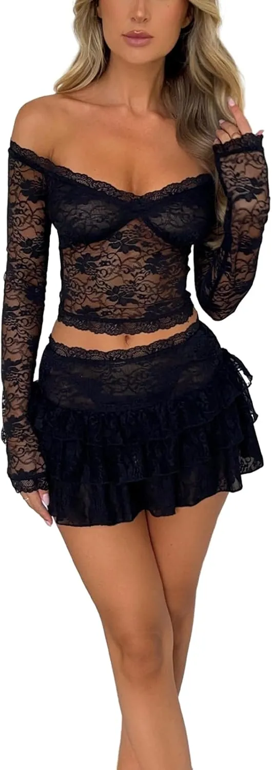 Women 2 Piece Bodycon Mini Skirt Set Long Sleeve Tie Up Floral Lace Corset Crop Top Wrapped Mini Skirt Set