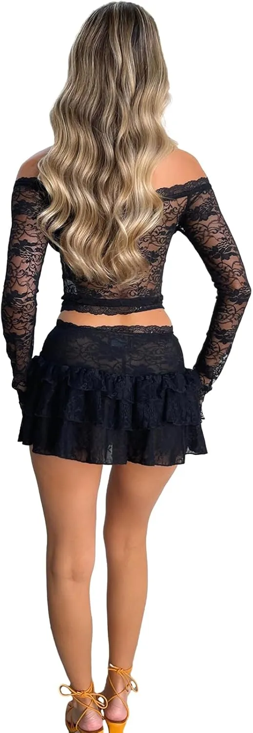 Women 2 Piece Bodycon Mini Skirt Set Long Sleeve Tie Up Floral Lace Corset Crop Top Wrapped Mini Skirt Set