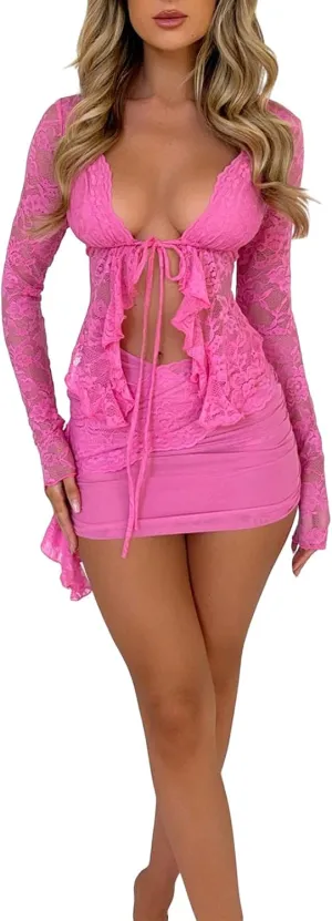Women 2 Piece Bodycon Mini Skirt Set Long Sleeve Tie Up Floral Lace Corset Crop Top Wrapped Mini Skirt Set