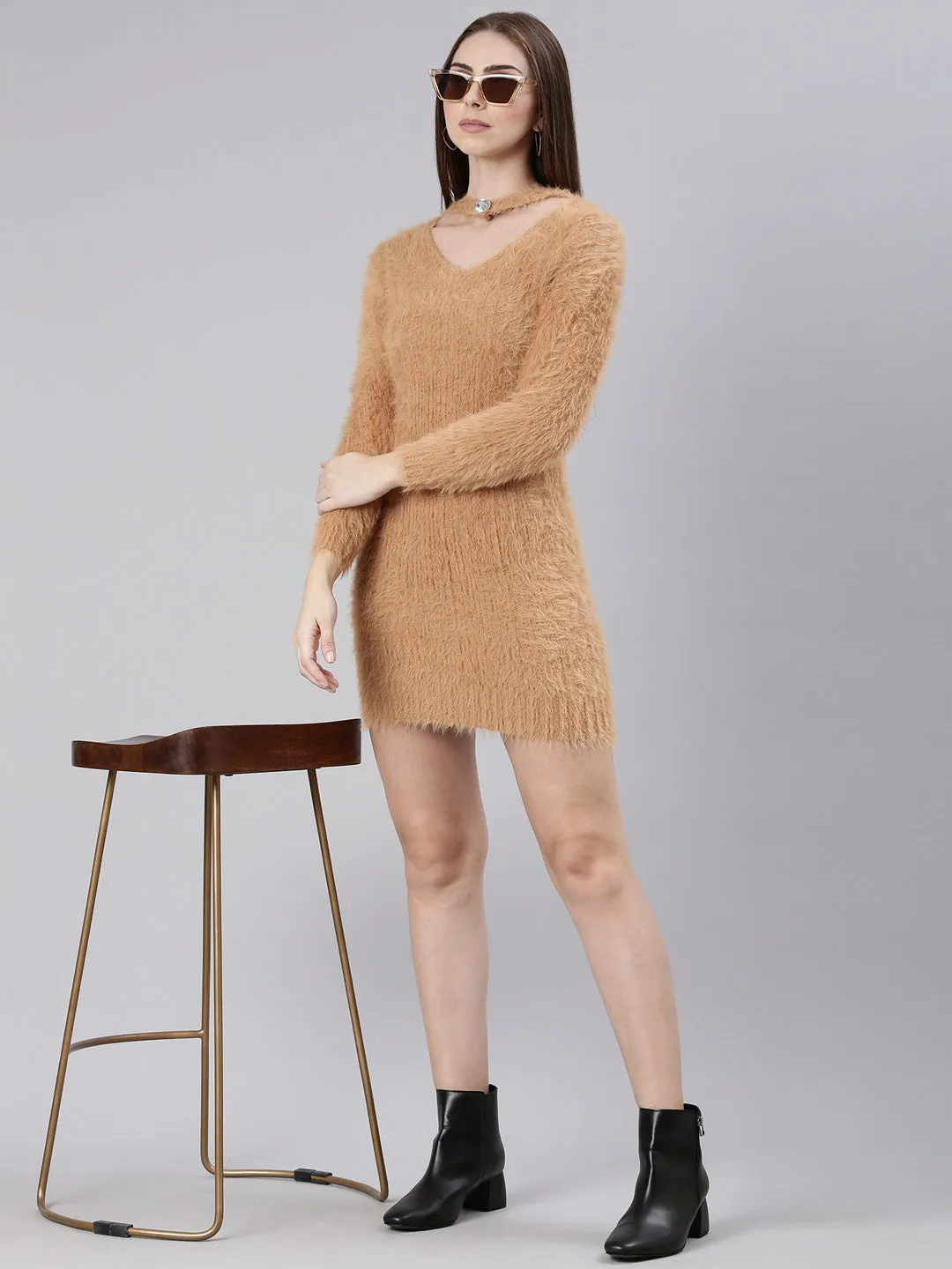 Women Beige Knits Bodycon Dress