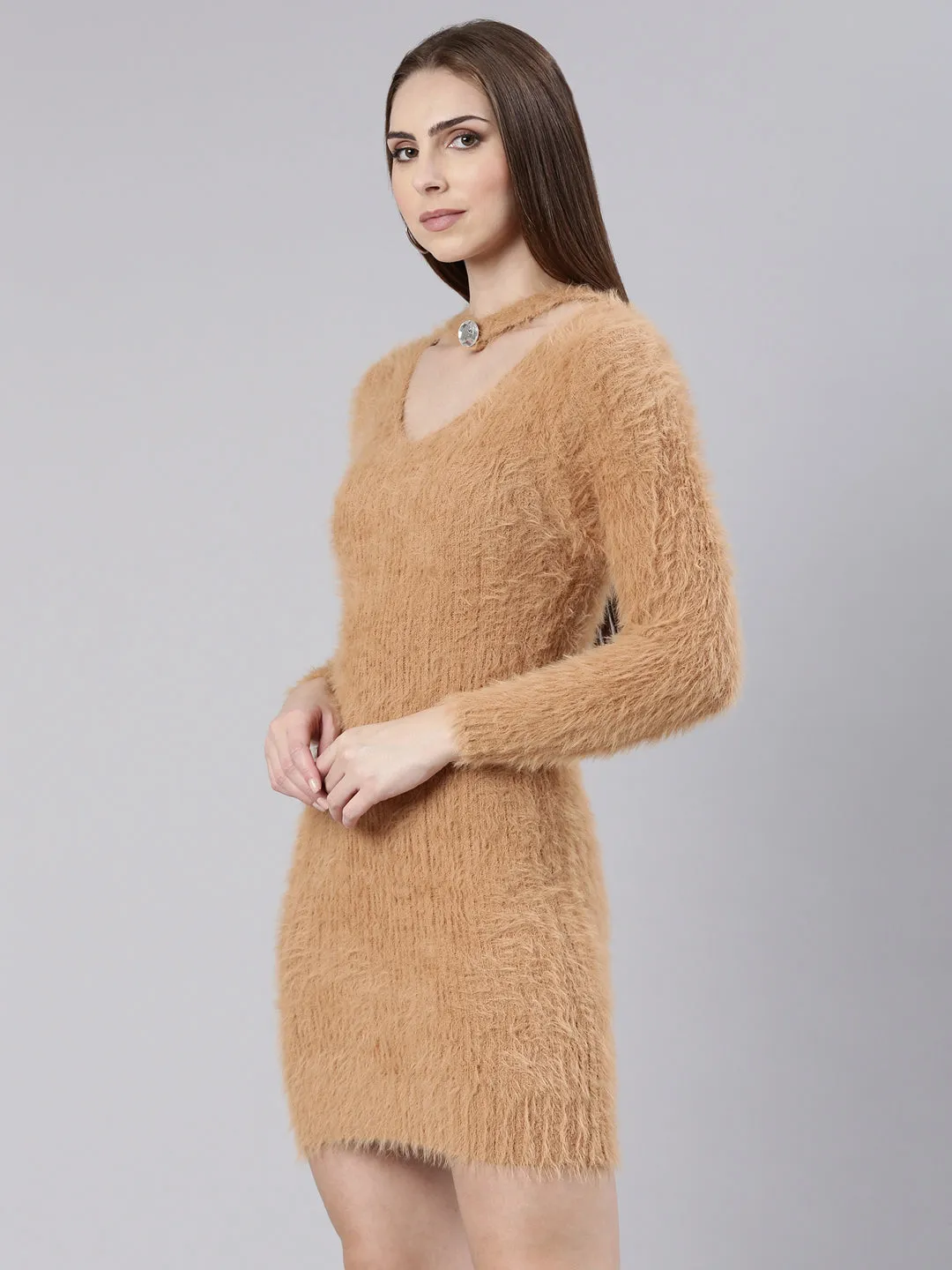 Women Beige Knits Bodycon Dress