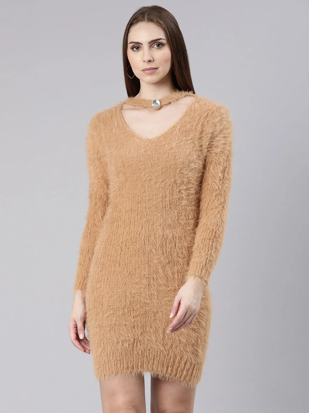 Women Beige Knits Bodycon Dress