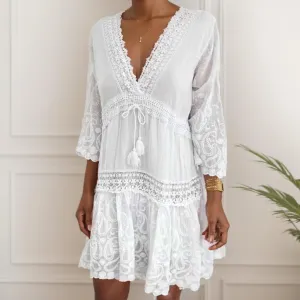Women Boho Floral Deep V Neck Long Sleeve Dress Plus Size Casual Lace Flowy Swing Beach Vacation Tiered Sun Dress