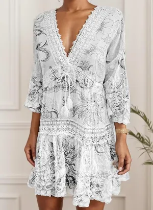 Women Boho Floral Deep V Neck Long Sleeve Dress Plus Size Casual Lace Flowy Swing Beach Vacation Tiered Sun Dress