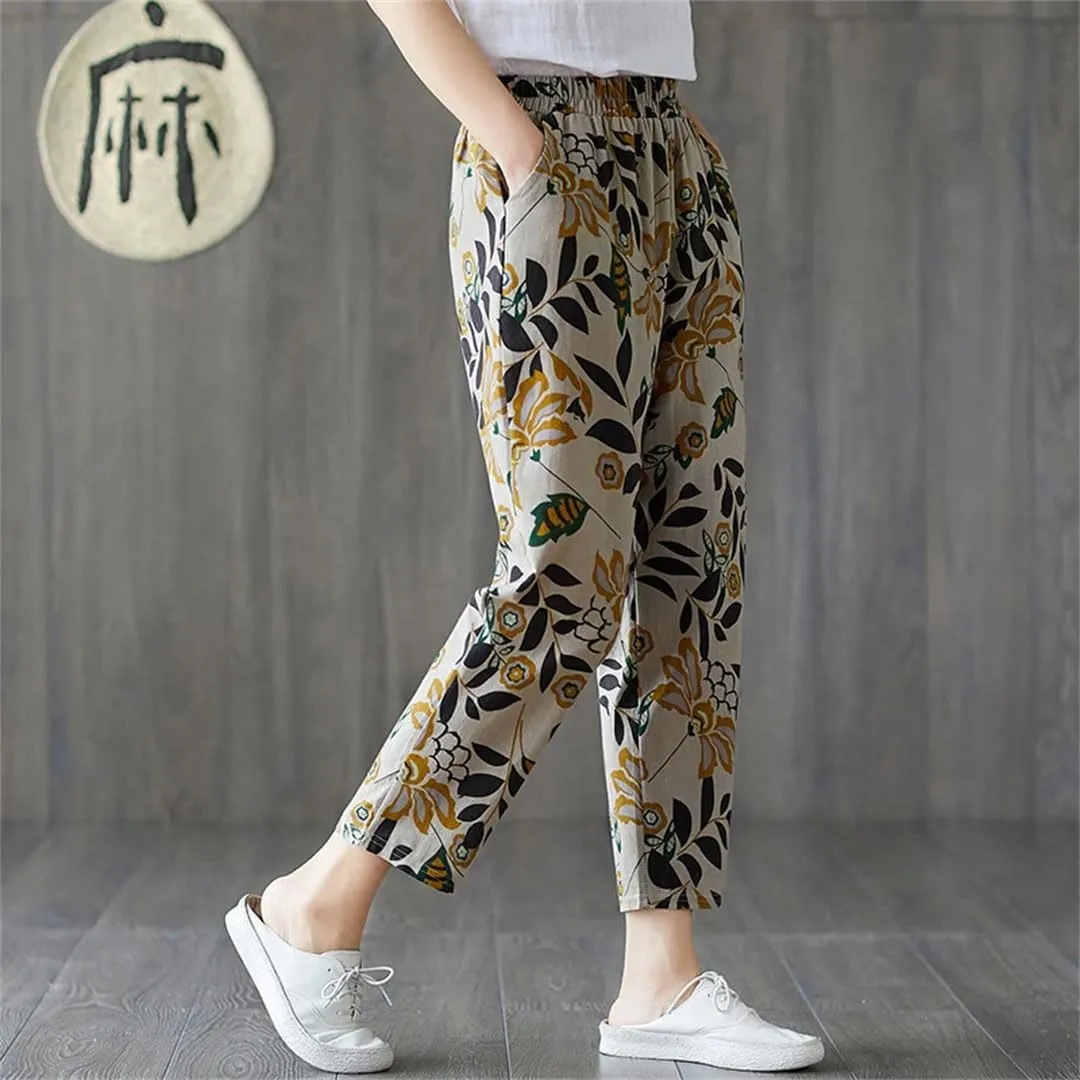 Women Boho Floral Printed Trousers Loose Vintage Cropped Harem Pants Lady Streetwear Bloomers