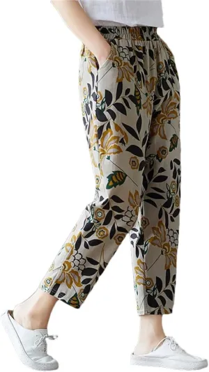 Women Boho Floral Printed Trousers Loose Vintage Cropped Harem Pants Lady Streetwear Bloomers