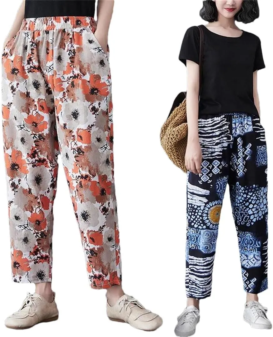 Women Boho Floral Printed Trousers Loose Vintage Cropped Harem Pants Lady Streetwear Bloomers