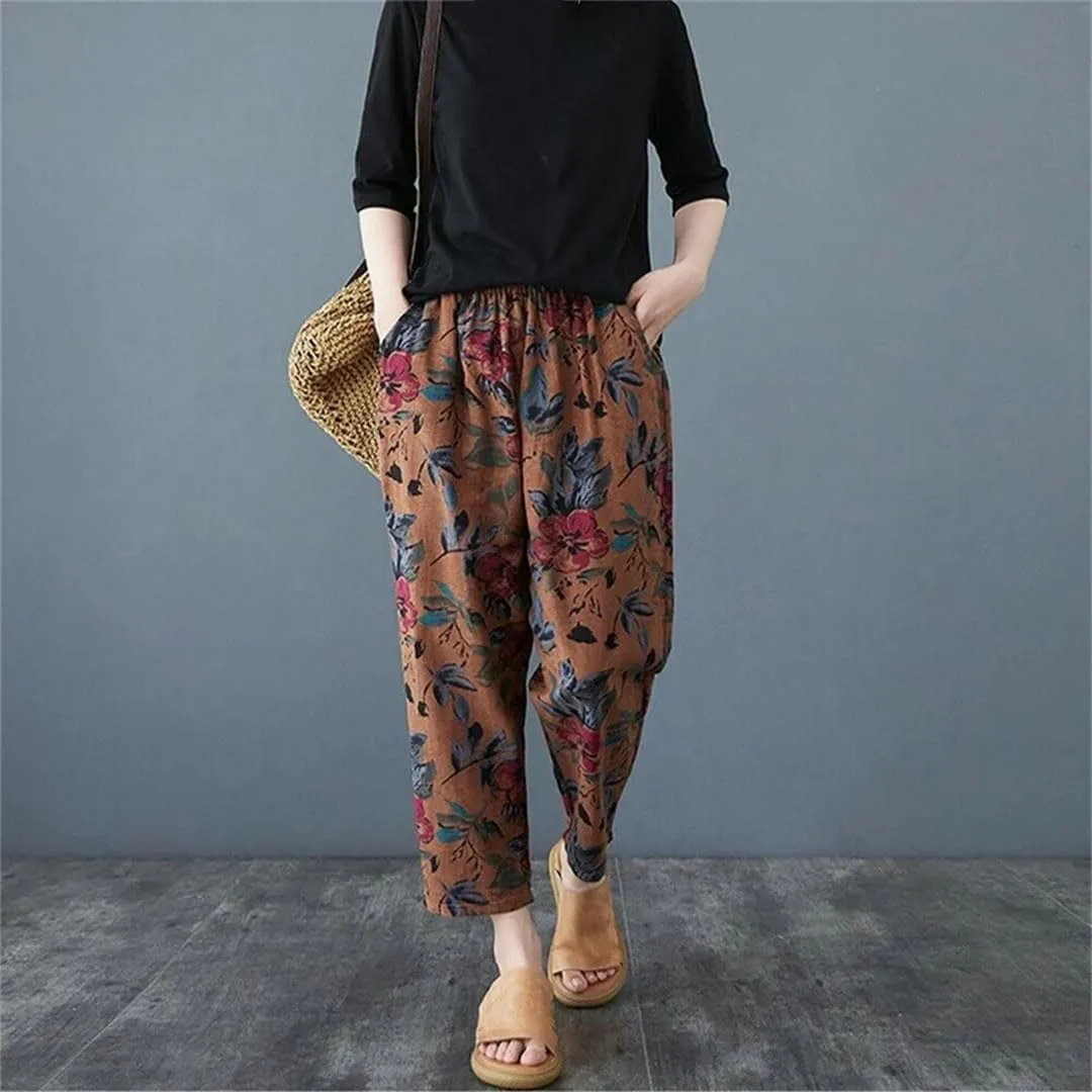 Women Boho Floral Printed Trousers Loose Vintage Cropped Harem Pants Lady Streetwear Bloomers