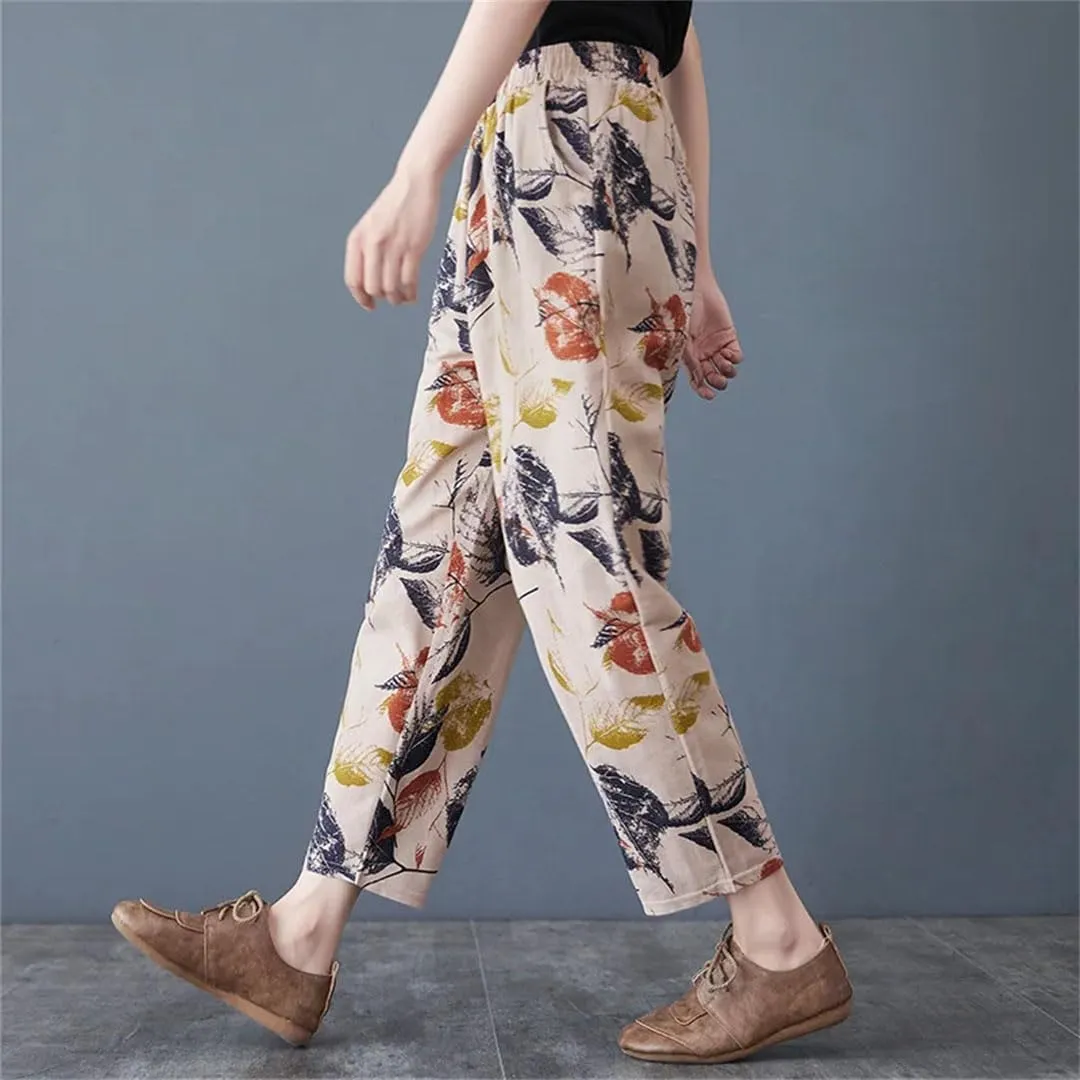 Women Boho Floral Printed Trousers Loose Vintage Cropped Harem Pants Lady Streetwear Bloomers