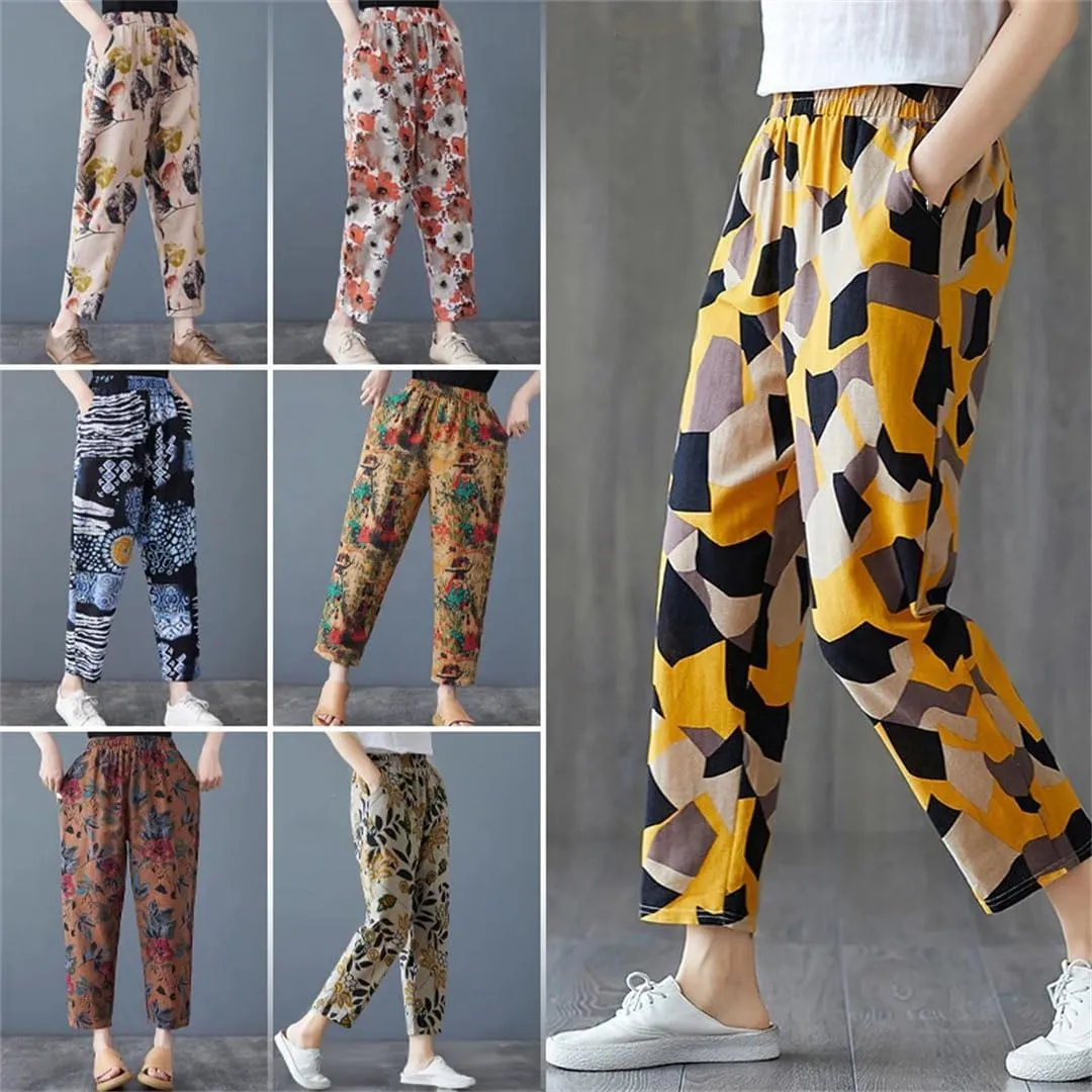 Women Boho Floral Printed Trousers Loose Vintage Cropped Harem Pants Lady Streetwear Bloomers