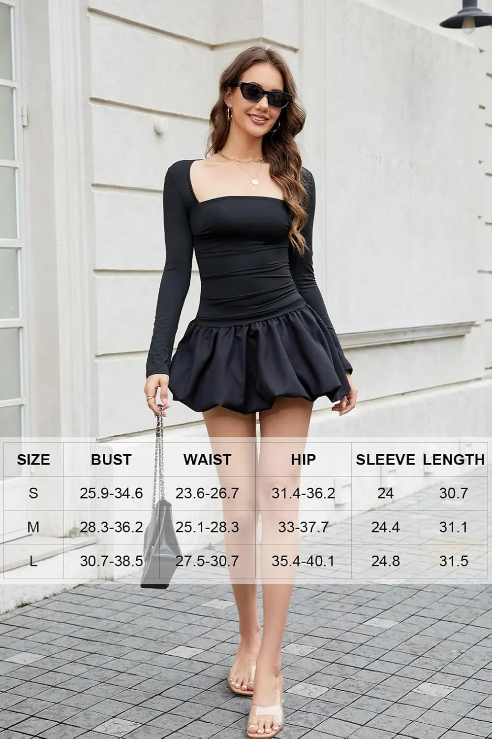 Women Bubble Mini Dress Long Sleeve Square Neck Backless Puffy Skirt Dress Short Formal Dresses