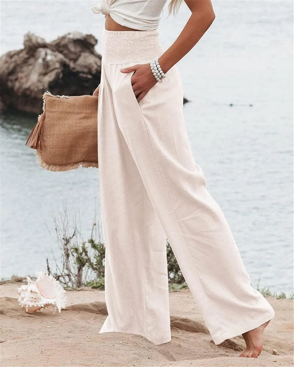 Women Casual Wide Leg Pants Lotus and Luna Pants Elastic High Waist Wide Leg Yoga Trousers with Pockets