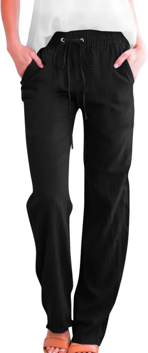 Women Cotton Linen Pants Summer Casual Drawstring Solid Lounge Long Trousers High Waist Straight Leg Comfy Work Pant
