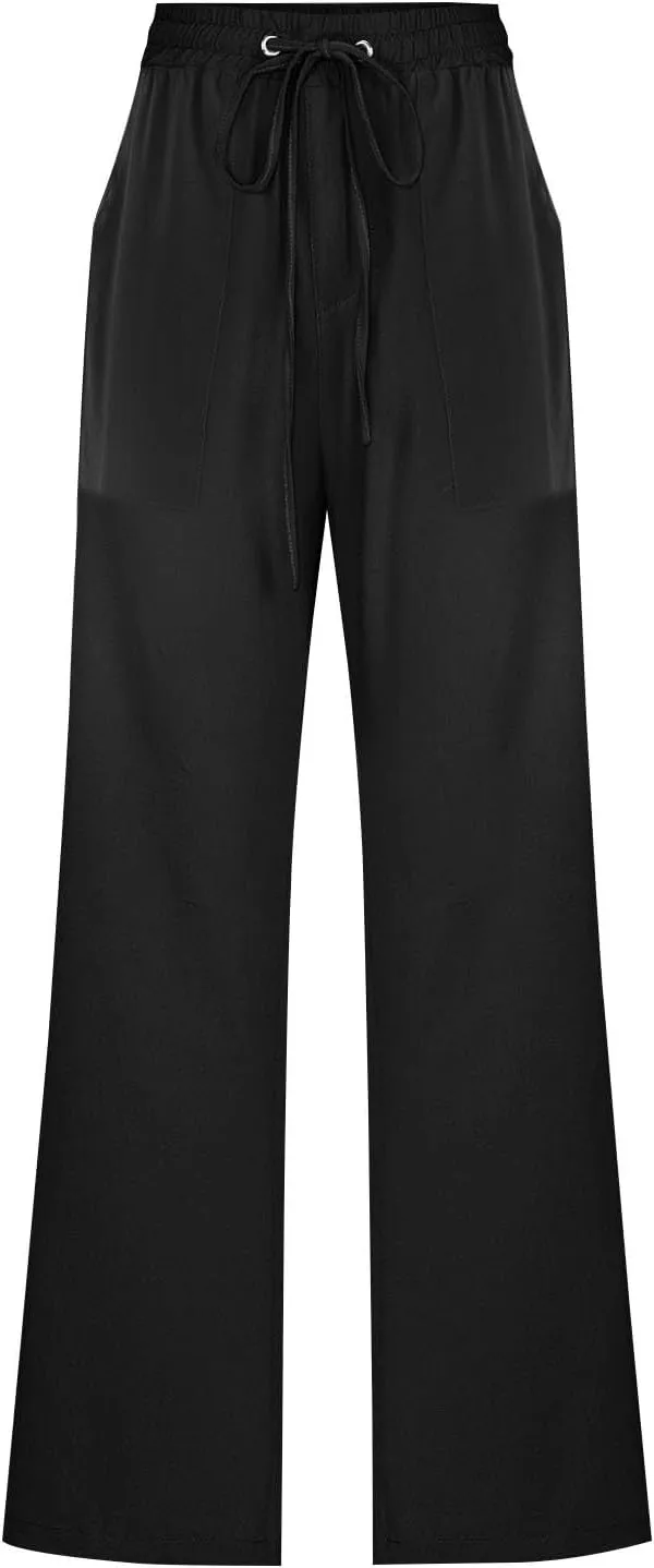Women Cotton Linen Pants Summer Casual Drawstring Solid Lounge Long Trousers High Waist Straight Leg Comfy Work Pant