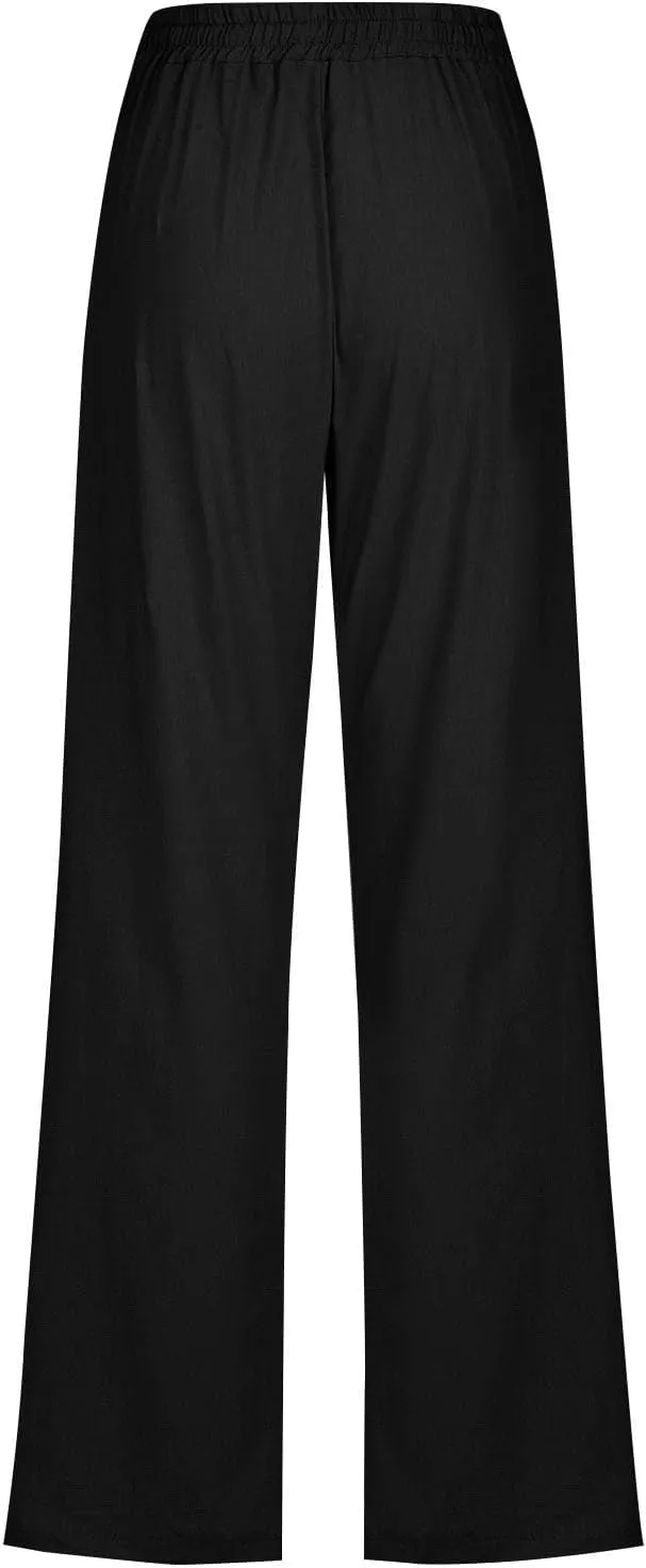 Women Cotton Linen Pants Summer Casual Drawstring Solid Lounge Long Trousers High Waist Straight Leg Comfy Work Pant