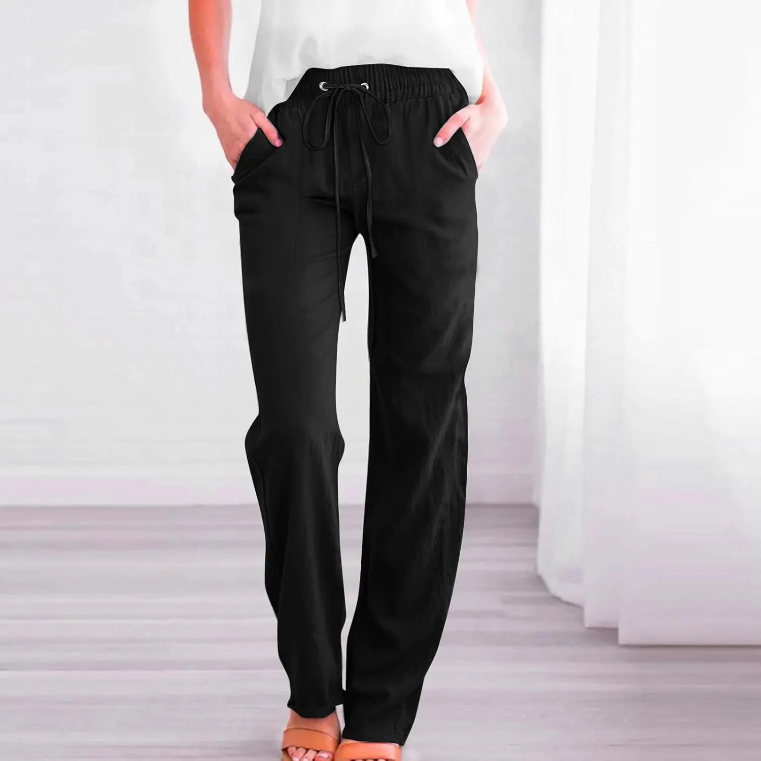 Women Cotton Linen Pants Summer Casual Drawstring Solid Lounge Long Trousers High Waist Straight Leg Comfy Work Pant