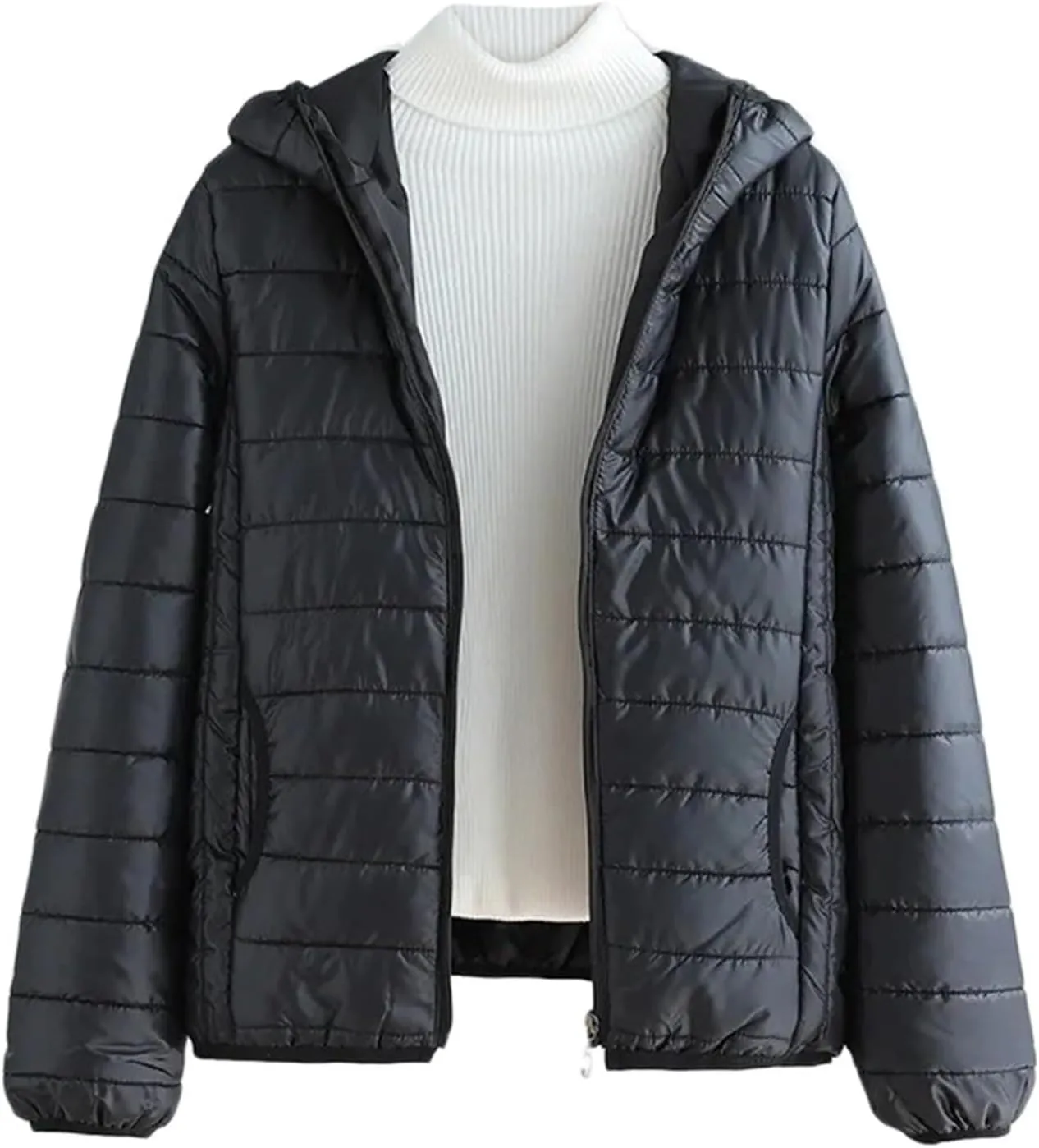 Women Down Jacket Lightweight Padded Quilted Jackets Fall Full Zip Cotton Coats Casual Warm Insulated Hooded Outwear