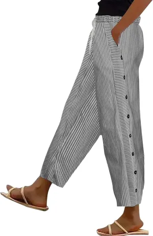 Women High Waist Capris Striped Pants Cotton Linen Casual Straight Leg Long Trousers Loose Lounge Side Buttons Cropped Pant Outdoor Travel Beach Vacation Baggy Sweatpants Black