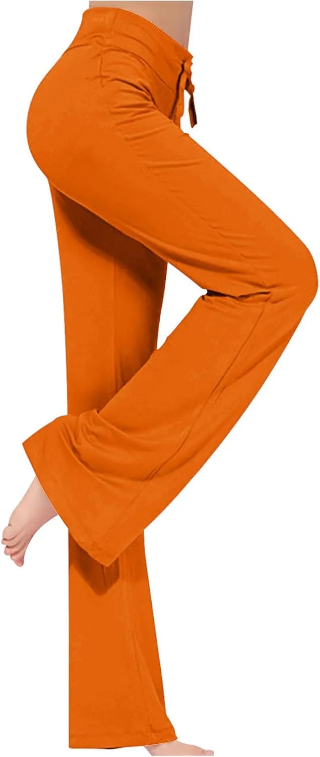 Women High Waist Yoga Trousers Solid Color Wide Leg Drawstring Casual Leggings Trendy Going Out Workout Yoga Pants