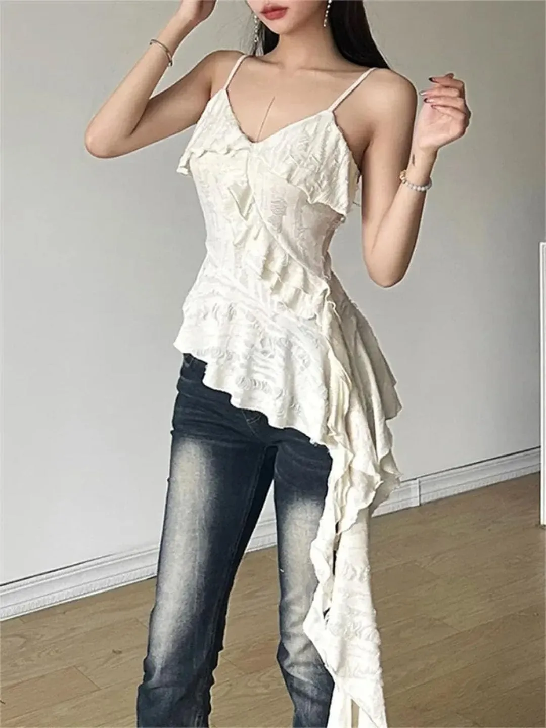 Women Irregular Ruffled Backless Camisole Vintage Solid Hole Tanks Sexy Long Tops