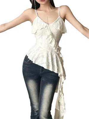 Women Irregular Ruffled Backless Camisole Vintage Solid Hole Tanks Sexy Long Tops