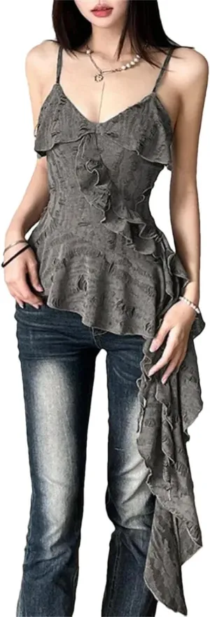 Women Irregular Ruffled Backless Camisole Vintage Solid Hole Tanks Sexy Long Tops