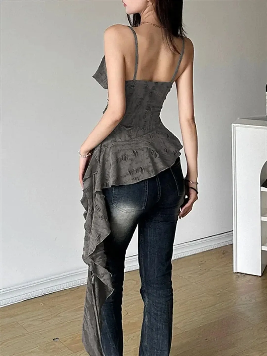 Women Irregular Ruffled Backless Camisole Vintage Solid Hole Tanks Sexy Long Tops