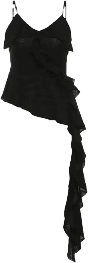 Women Irregular Ruffled Backless Camisole Vintage Solid Hole Tanks Sexy Long Tops
