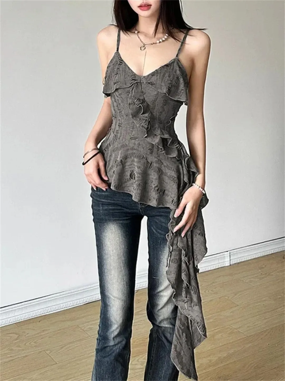 Women Irregular Ruffled Backless Camisole Vintage Solid Hole Tanks Sexy Long Tops