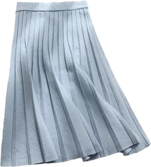 Women Knitted Midi Skirt A-Line High Waist Pleated Long Skirt Spring Autumn Winter