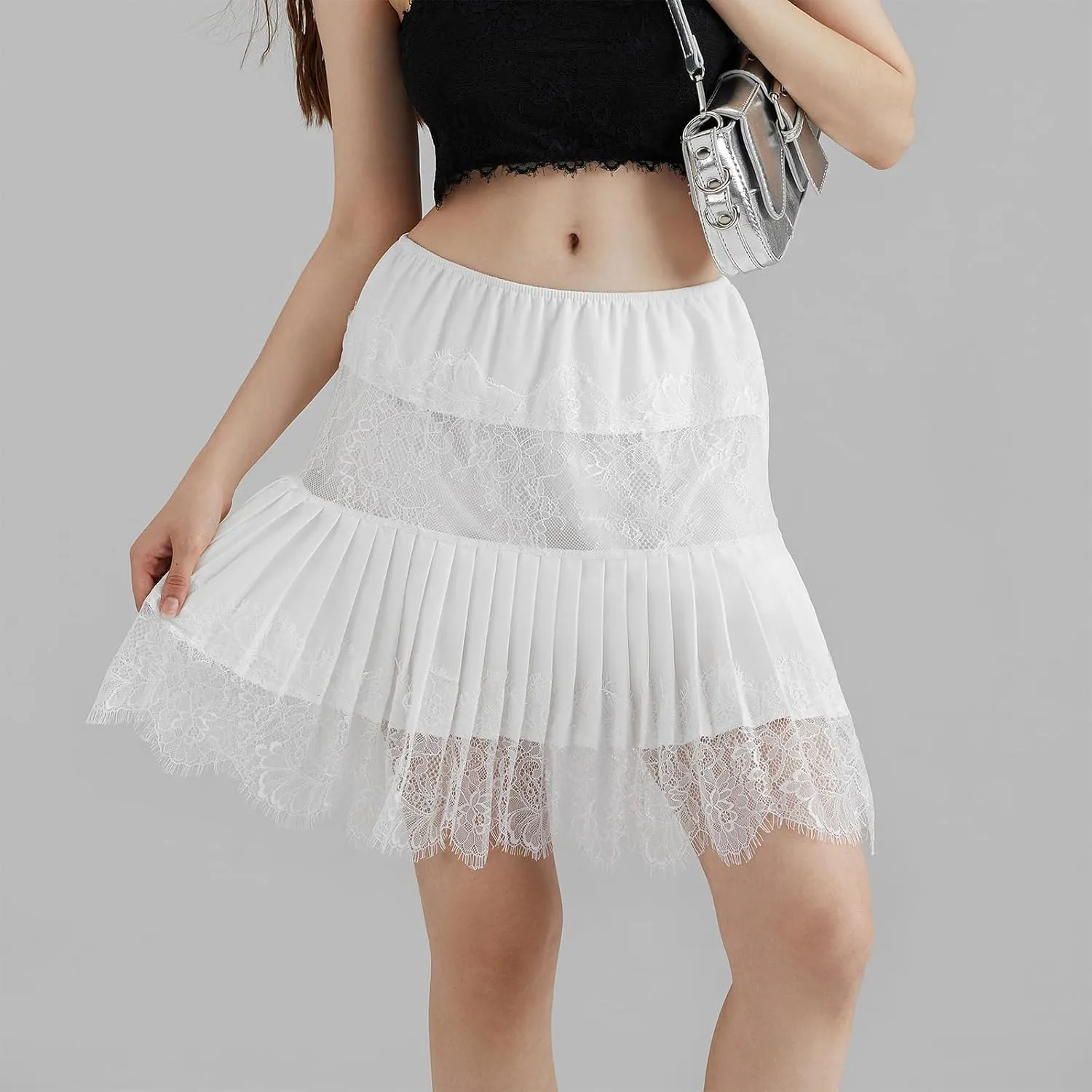 Women Lace Mini Skirt Y2k Ruffle Low Waist Layered Pleated Flowy Skirt