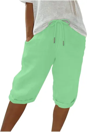 Women Linen Capri Pants Summer Drawstring Elastic Waisted Drawstring Shorts Ladies Casual Beach Pant with Pockets